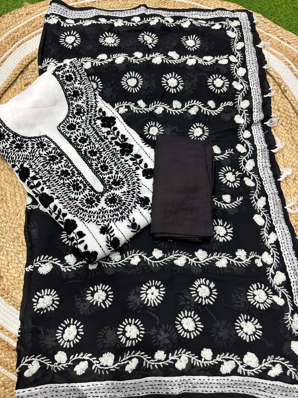 Black White Beautiful Super Georgette Kantha Work Suits Stitched