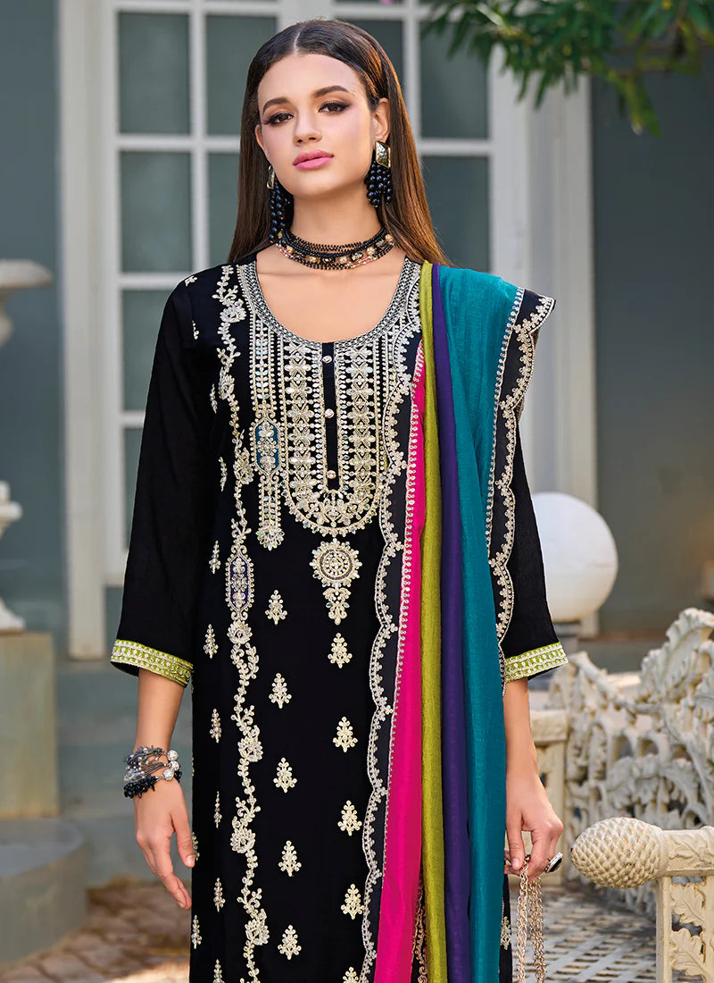 Black Premium Embroidery Pant Style Salwar Suit with Vibrant Dupatta