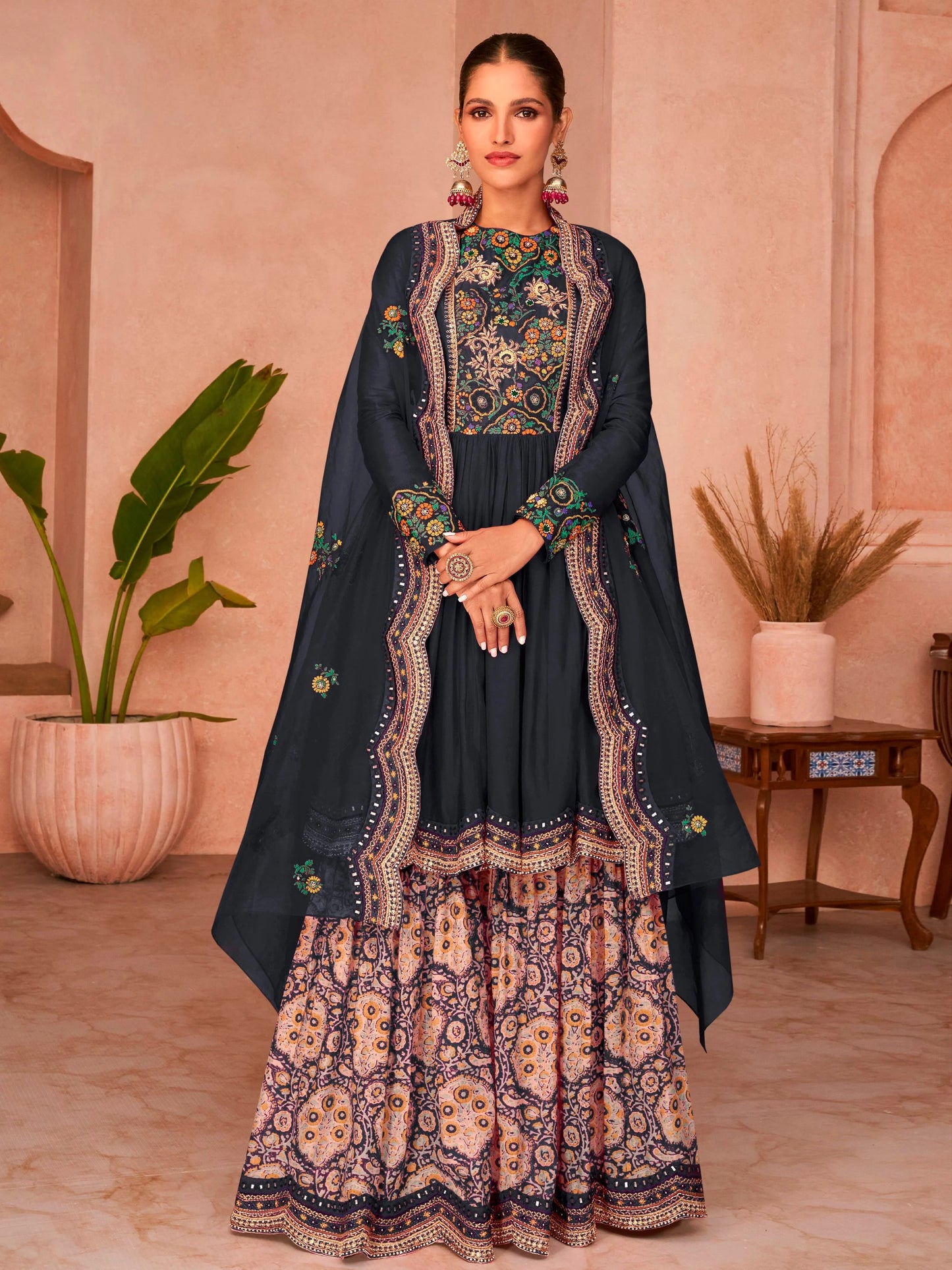 Classic Black Silk Splendor Party Wear Salwar Kameez Sharara with Dupatta