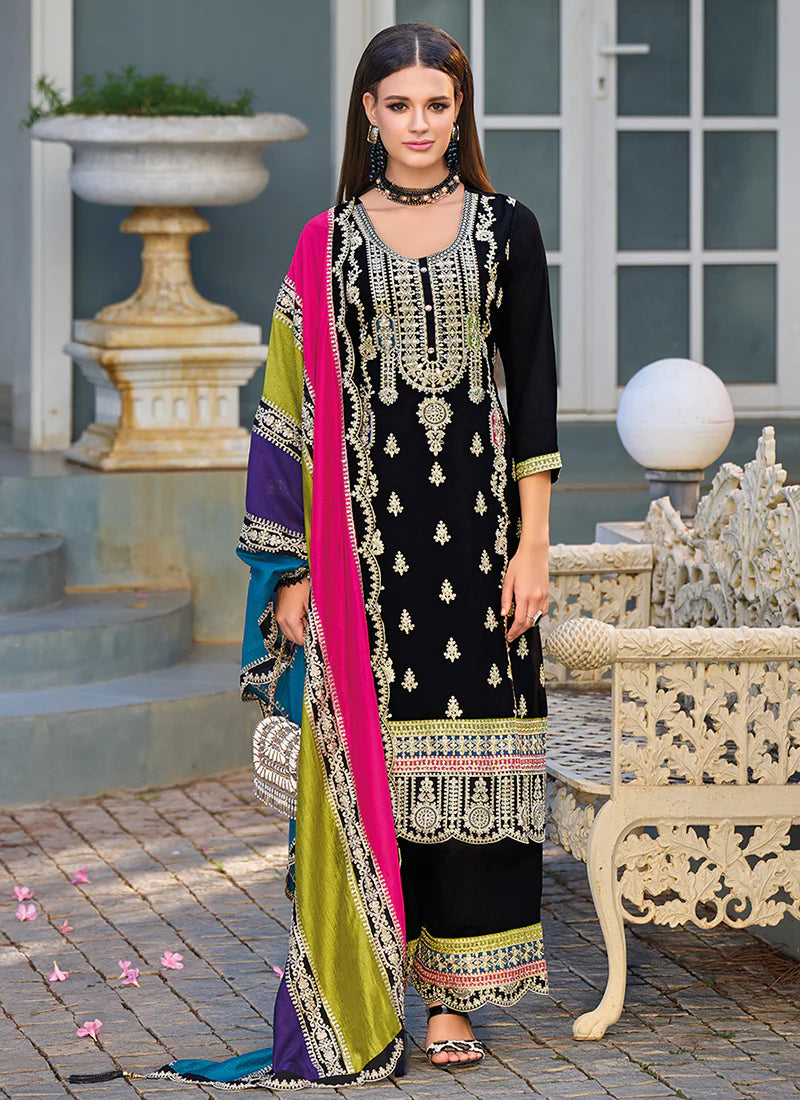 Black Premium Embroidery Pant Style Salwar Suit with Vibrant Dupatta