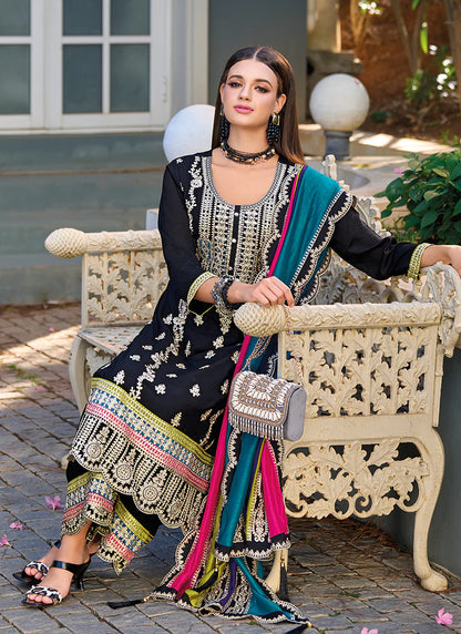 Black Premium Embroidery Pant Style Salwar Suit with Vibrant Dupatta