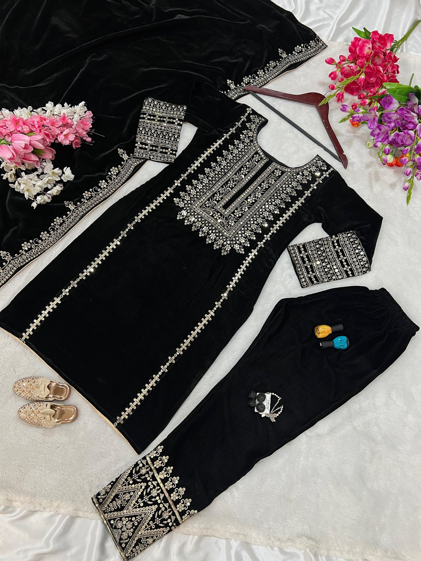 Black Designer Party Wear Velvet Salwar Kameez Set