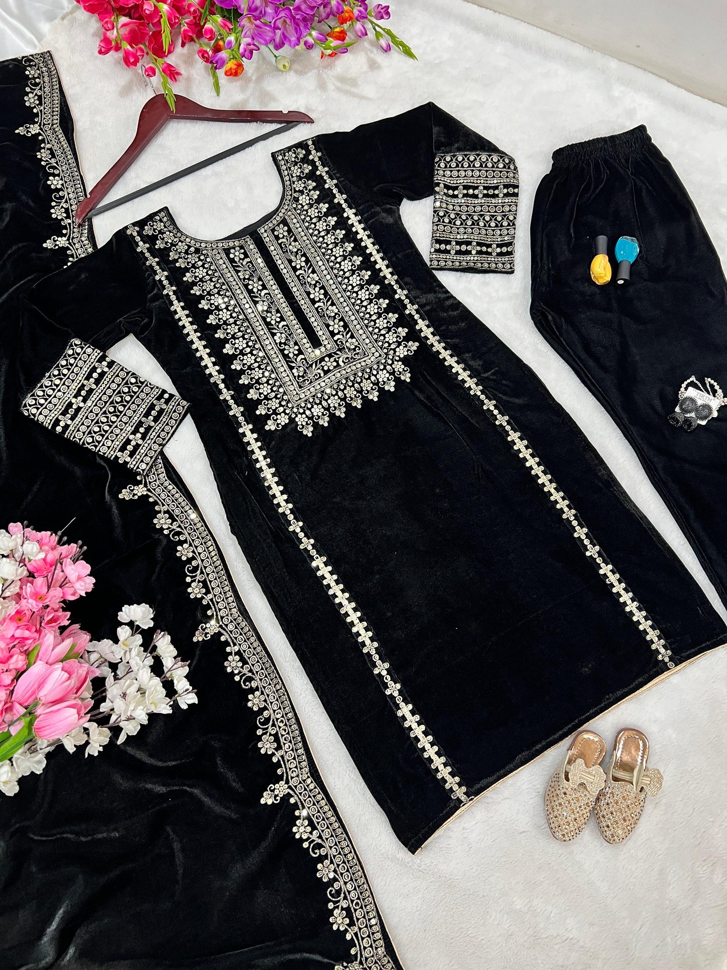 Black Designer Party Wear Velvet Salwar Kameez Set