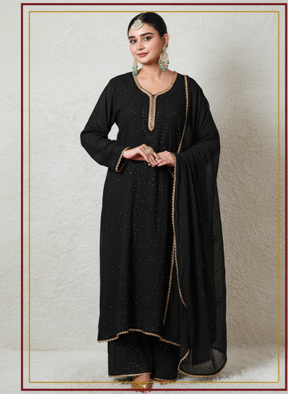 Black Premium Lucknow Chikankari Viscose Kurta, Palazzo & Dupatta Set with Mukaish and Lace Work