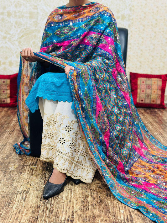 Blue 2 Pakistani Fusion Chikankari Suit with Embroidered Dupatta - Inayakhan Shop 