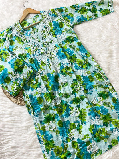 Blue & Green Floral Elegance Mul Mul Cotton Pallazo Coord Set - Inayakhan Shop 