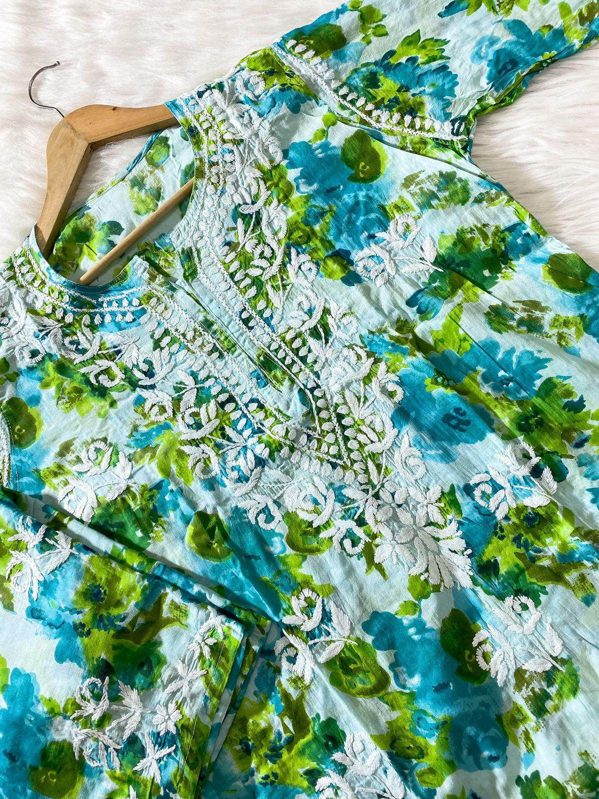 Blue & Green Floral Elegance Mul Mul Cotton Pallazo Coord Set - Inayakhan Shop 