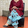 Blue & Maroon Elegant Phulkari Patiala Salwar & Chikankari Kameez Set