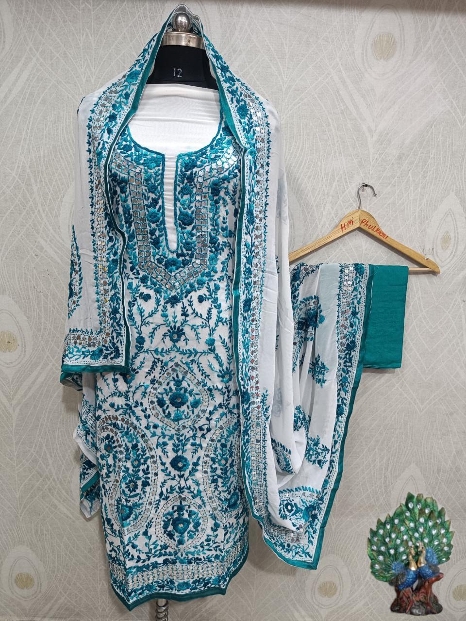 Blue & White Special Georgette Phulkari Suit with Beautiful Embroidery Shopping Online - Inayakhan Shop 
