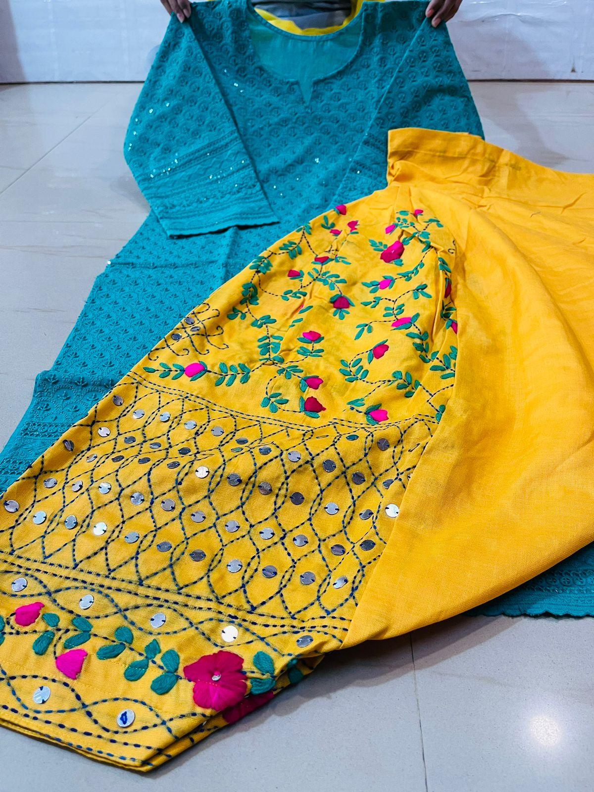 Blue and yellow Sequined Splendor Chikankari Kurti and Patiala Salwar Set - Inayakhan Shop 