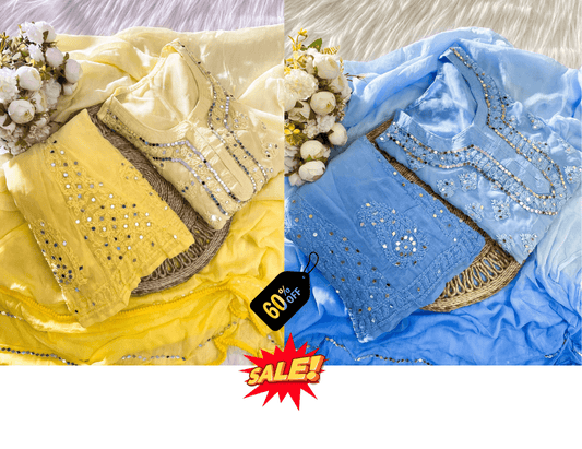 Blue & Yellow Set Buy 1 Get 1 Combo Price Chikankari Elegance Ombré Mirror Booti Jaal Set - Inayakhan Shop 