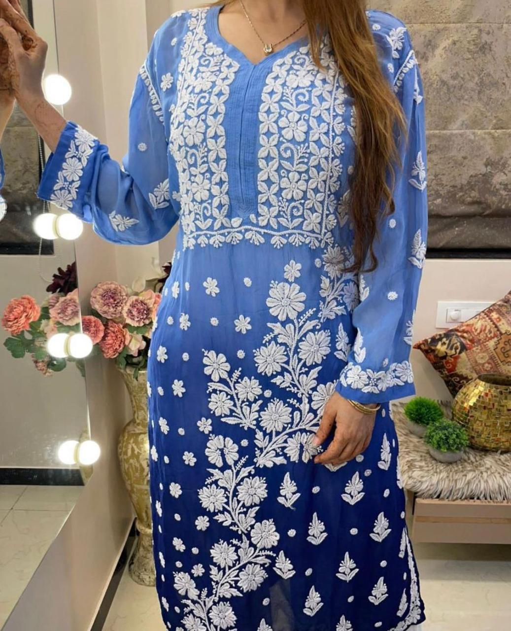 Blue Beautiful 3D Viscose Lucknow Chikankari Work Kurti and Pallazo - Inayakhan Shop 