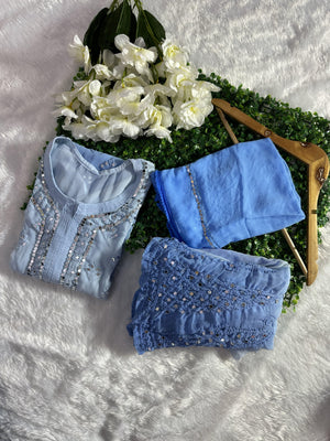 Blue Best Seller Georgette Mirror Gala Booti Chikankari Set with Beautiful Handwork Embroidery