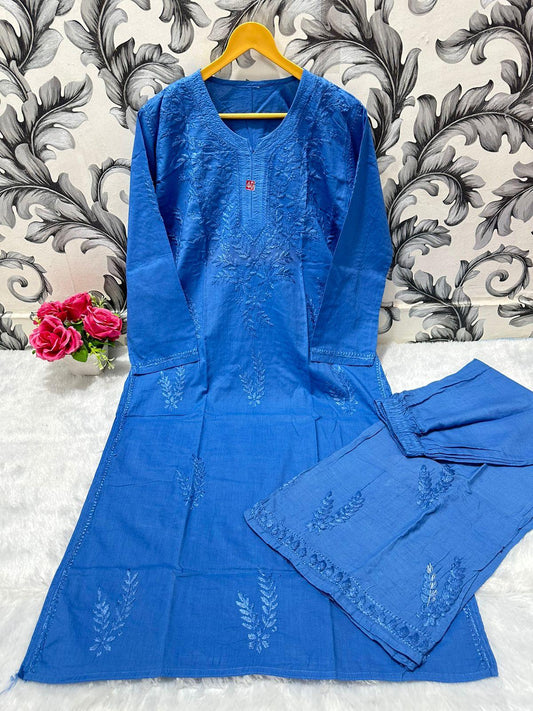 Blue Chikankari Bliss Combo: Dyeable Pure Cotton Kurti & Palazzo Set - Inayakhan Shop 