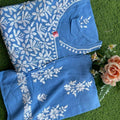 Blue Chikankari Designer Premium Modal Angrakha Kurti Plazo Set