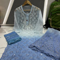 Blue Chikankari Elegance Ombré Mirror Booti Jaal Set - Kurti, Sharara & Dupatta