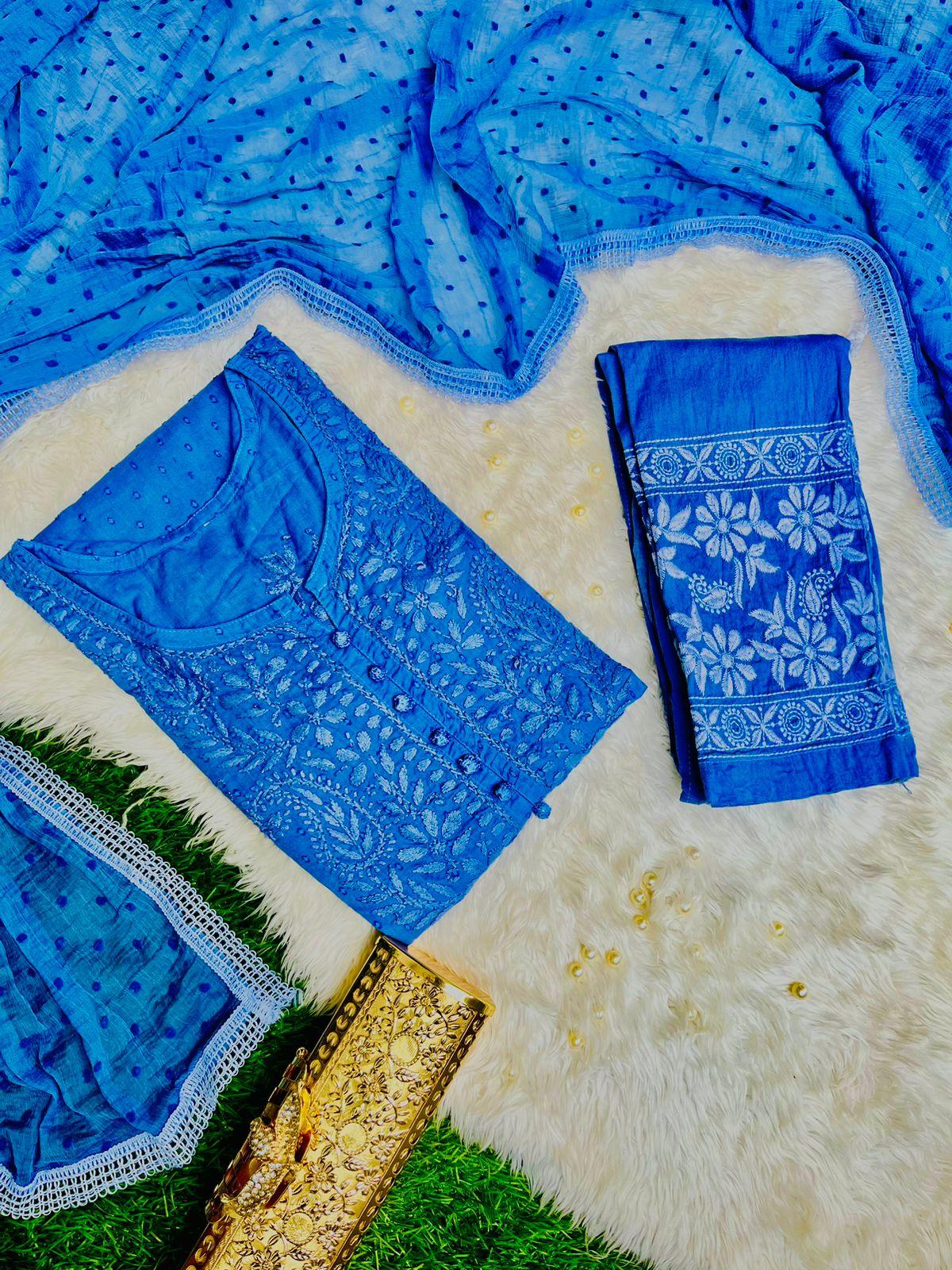 Blue Chikankari Handwork Cotton Dyeable Set , Dobby Bundi Dupatta from Lucknow - Inayakhan Shop 