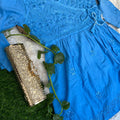 Blue Color Lucknow Chikankari Whisper mul mul Cotton Angrakha Style Short kurti