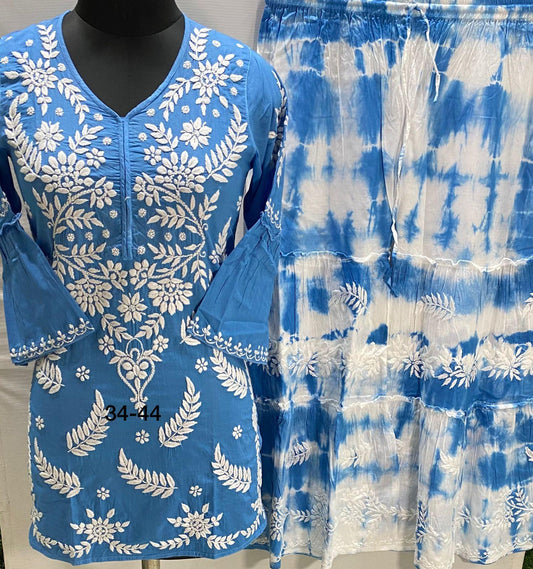 Blue Color Pure Mulmul short top with tie and dye gharara with finest quality intricate chikankari hand embroidery - Inayakhan Shop 