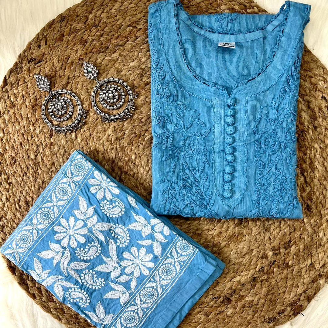 Blue Cotton Chikankari Hand Work Kurti Suit Designs (New Color Shade) - Inayakhan Shop 