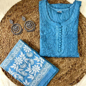 Blue Cotton Chikankari Hand Work Kurti Suit Designs (New Color Shade)