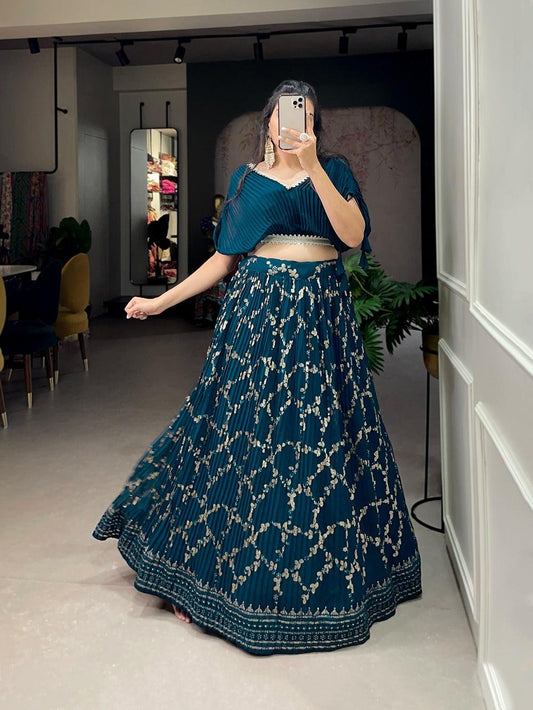 Blue Crushed Georgette Lehenga and Top Co-Ord Set - Inayakhan Shop 