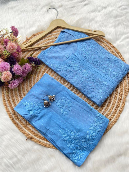 Blue Dobby Cotton Bliss: Long Kurti and Pallazo Coord Set ❤️ - Inayakhan Shop 