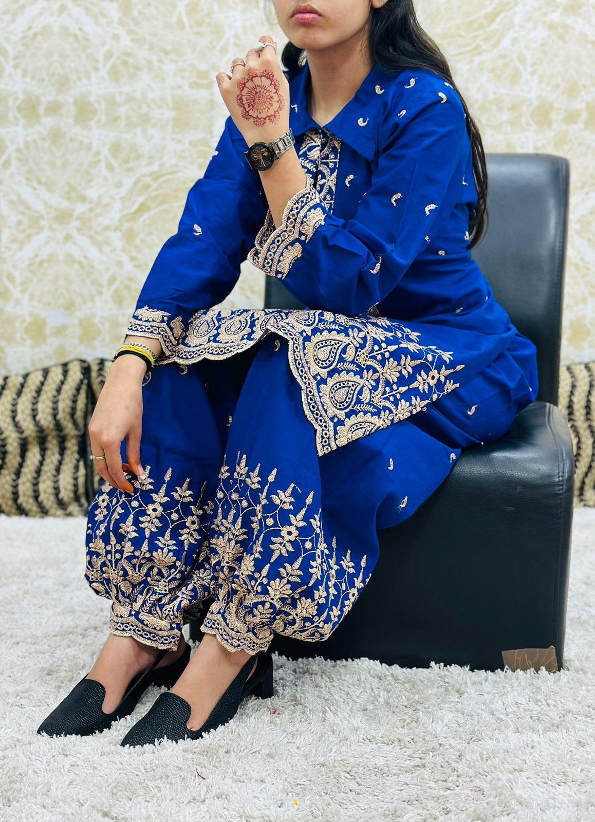 Blue Eid Special Designer Gold Zari Embroidered Afghani Co-Ord Set - Inayakhan Shop 