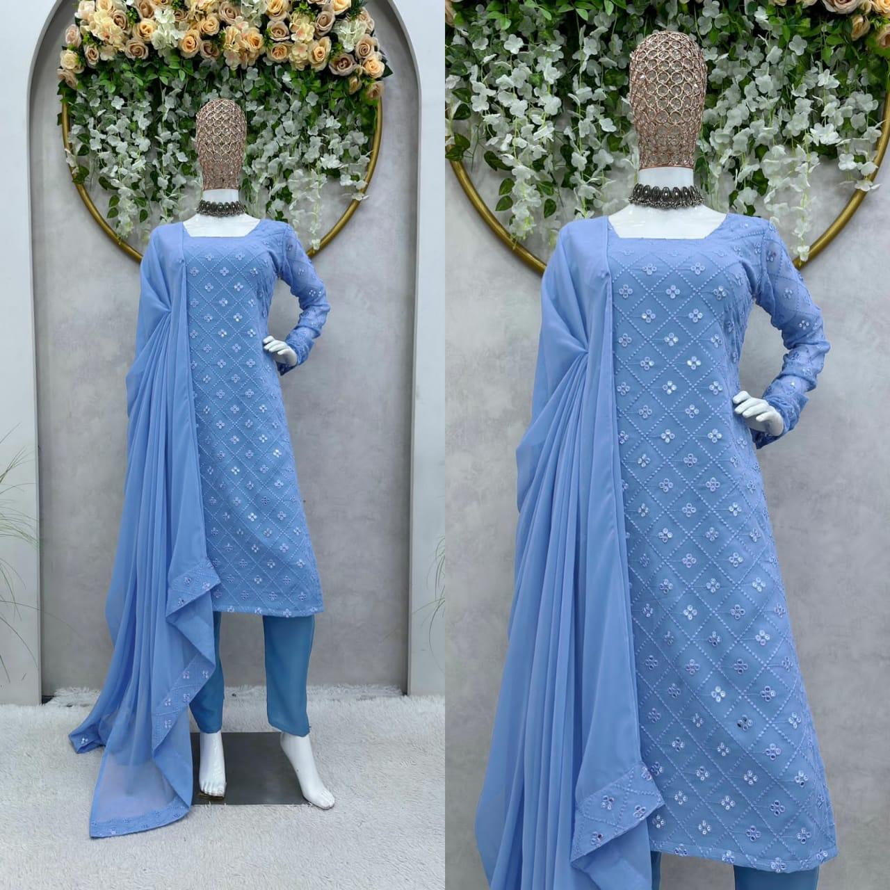 Blue Elegant Georgette Designer Suit Set 3 pc - Inayakhan Shop 