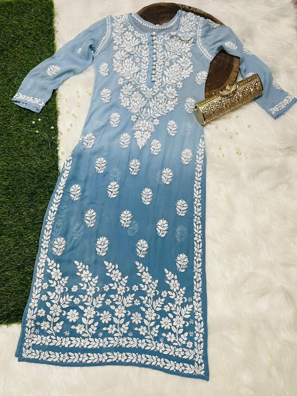 Blue Elegant Viscose Chikankari Work Kurti with 3D Fine Chikankari Handwork - Inayakhan Shop 