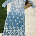 Blue Elegant Viscose Chikankari Work Kurti with 3D Fine Chikankari Handwork