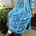 Blue Exclusive Chikankari Work Rayon Naira Cut Kurti and Pant Set
