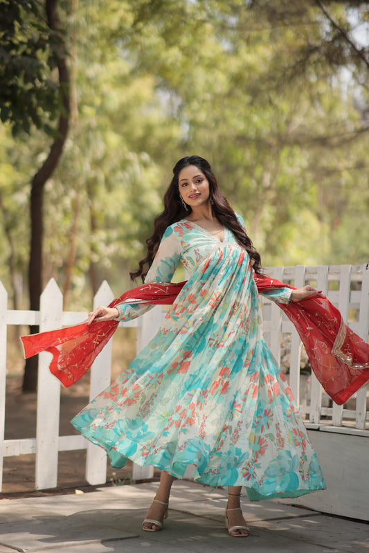 Blue Floral Premium Readymade Alia Cut Gown with Dupatta Set - Inayakhan Shop 