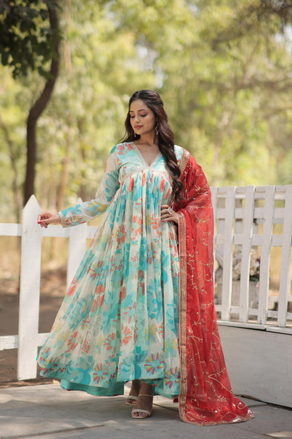 Blue Floral Premium Readymade Alia Cut Gown with Dupatta Set - Inayakhan Shop 