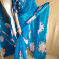 Blue Floral Summer Classy Georgette Printed Saree with Pearl Lace Border