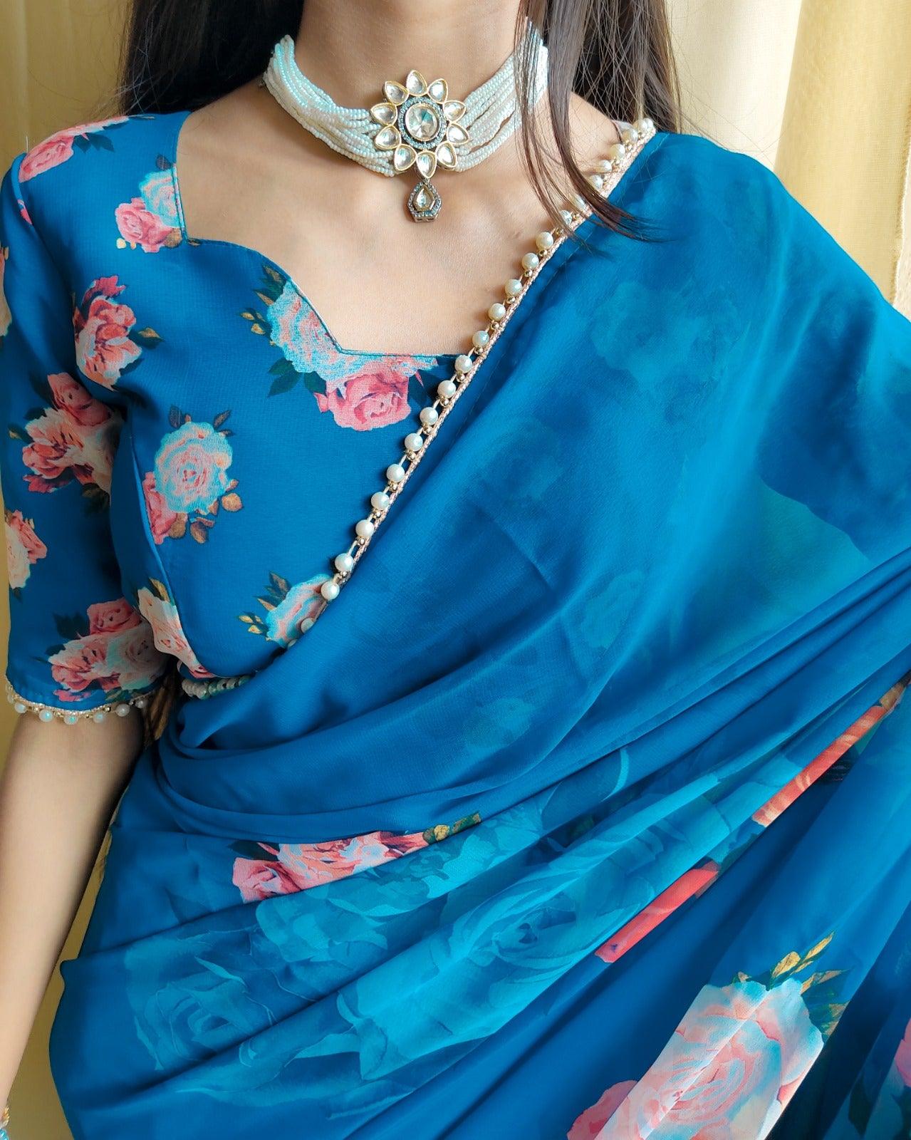 Blue Floral Summer Classy Georgette Printed Saree with Pearl Lace Border - Inayakhan Shop 