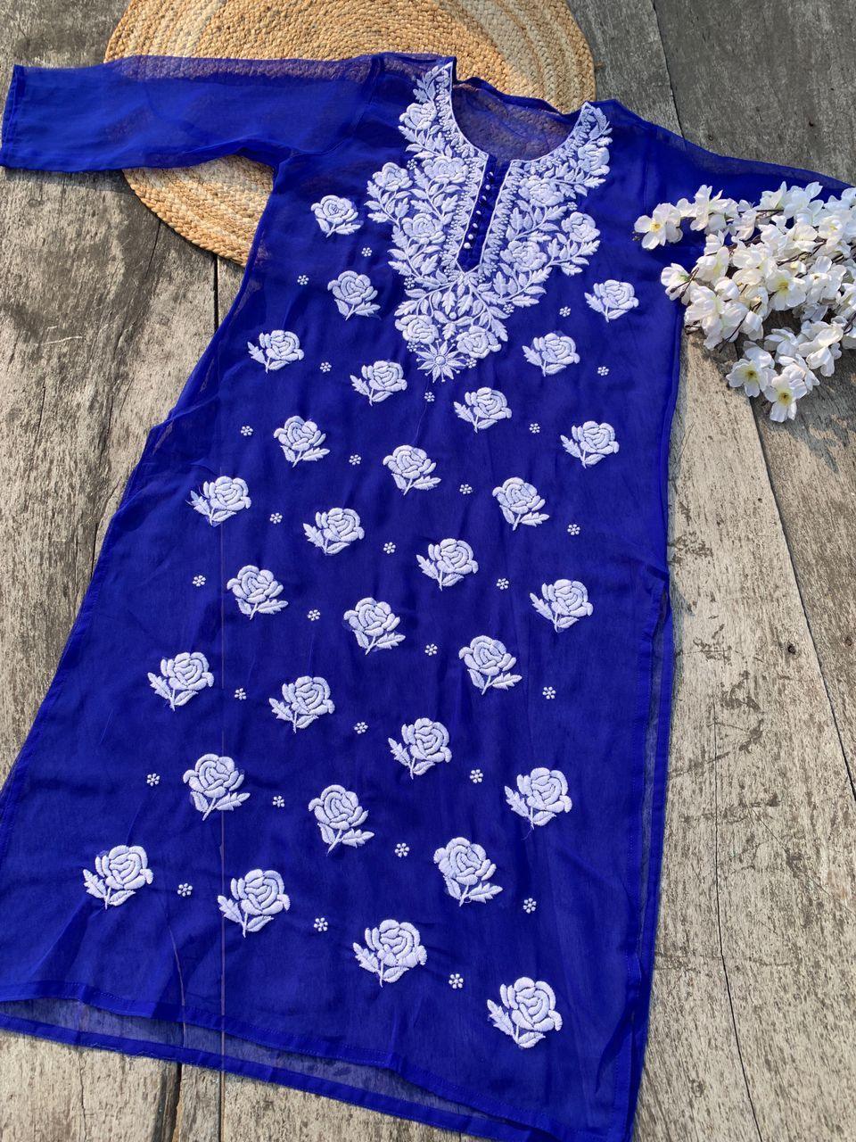 Blue 🌹 Georgette Rose Keel Long Kurtis 🌹 Inner included - Inayakhan Shop 