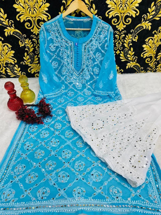 Blue Graceful Lucknawi Georgette Chikankari Mirror Kurti with Mirror Sharara (INNER INCLUDED) - Inayakhan Shop 