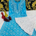 Blue Graceful Lucknawi Georgette Chikankari Mirror Kurti with Mirror Sharara (INNER INCLUDED)
