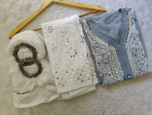 Blue Grey Georgette Mirror Gala Booti Chikankari Set with Beautiful Handwork Embroidery - Inayakhan Shop 