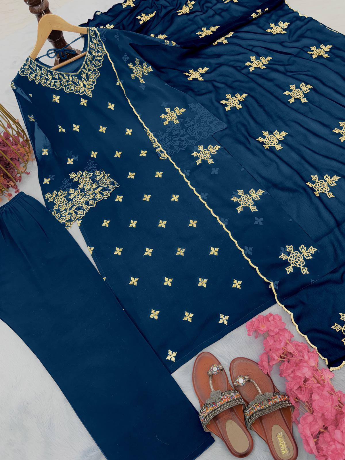 Blue Inayakhan Designer Party Wear Faux Georgette Top, Plazzo, and Dupatta Set - Inayakhan Shop 