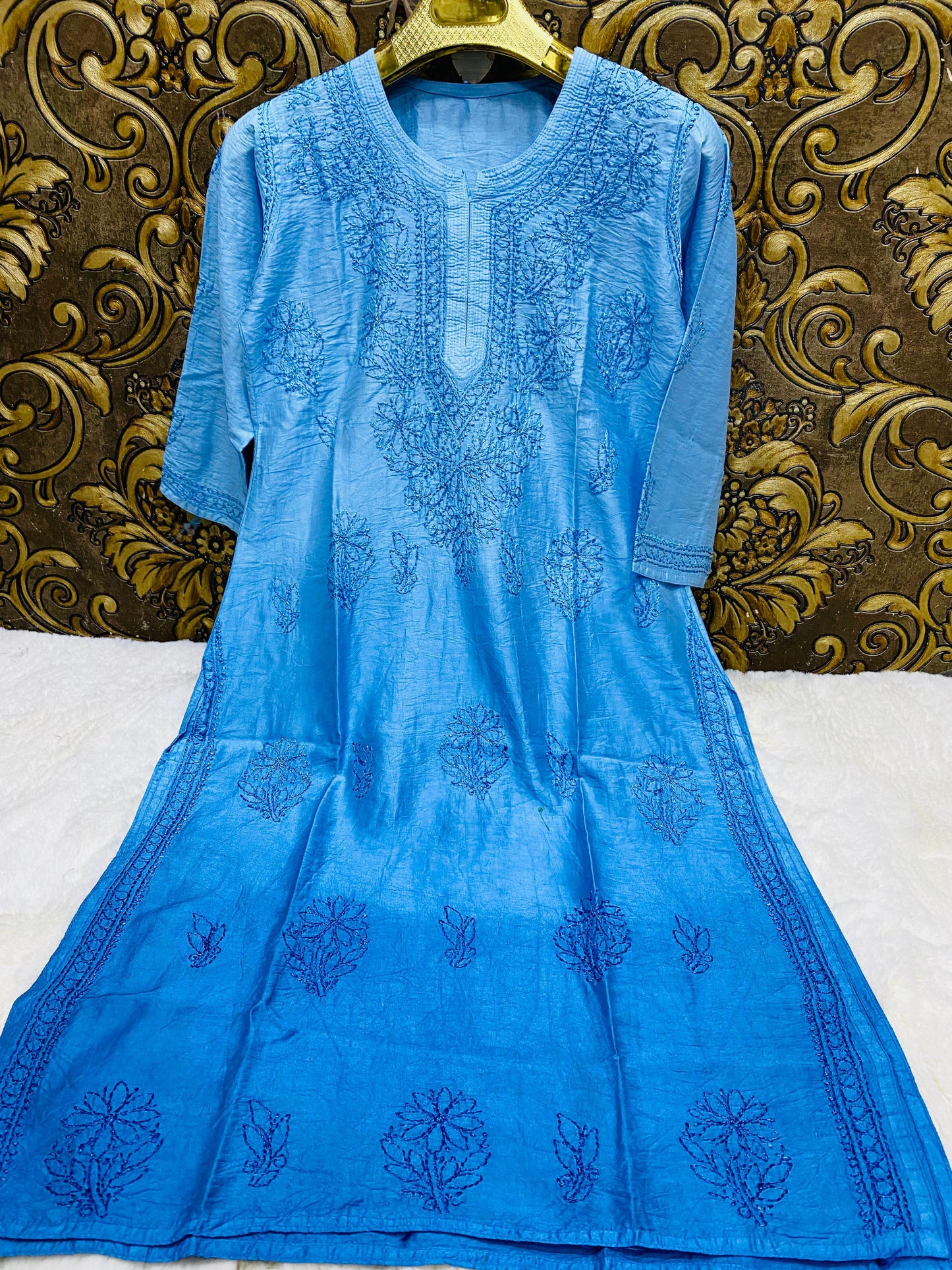 Blue Lucknowi Chikankari Beautiful Premium Chanderi Resham Work Kurti - Inayakhan Shop 