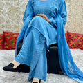 Blue Lucknowi Chikankari Rayon Kurti and Palazzo Set with Chiffon Dupatta