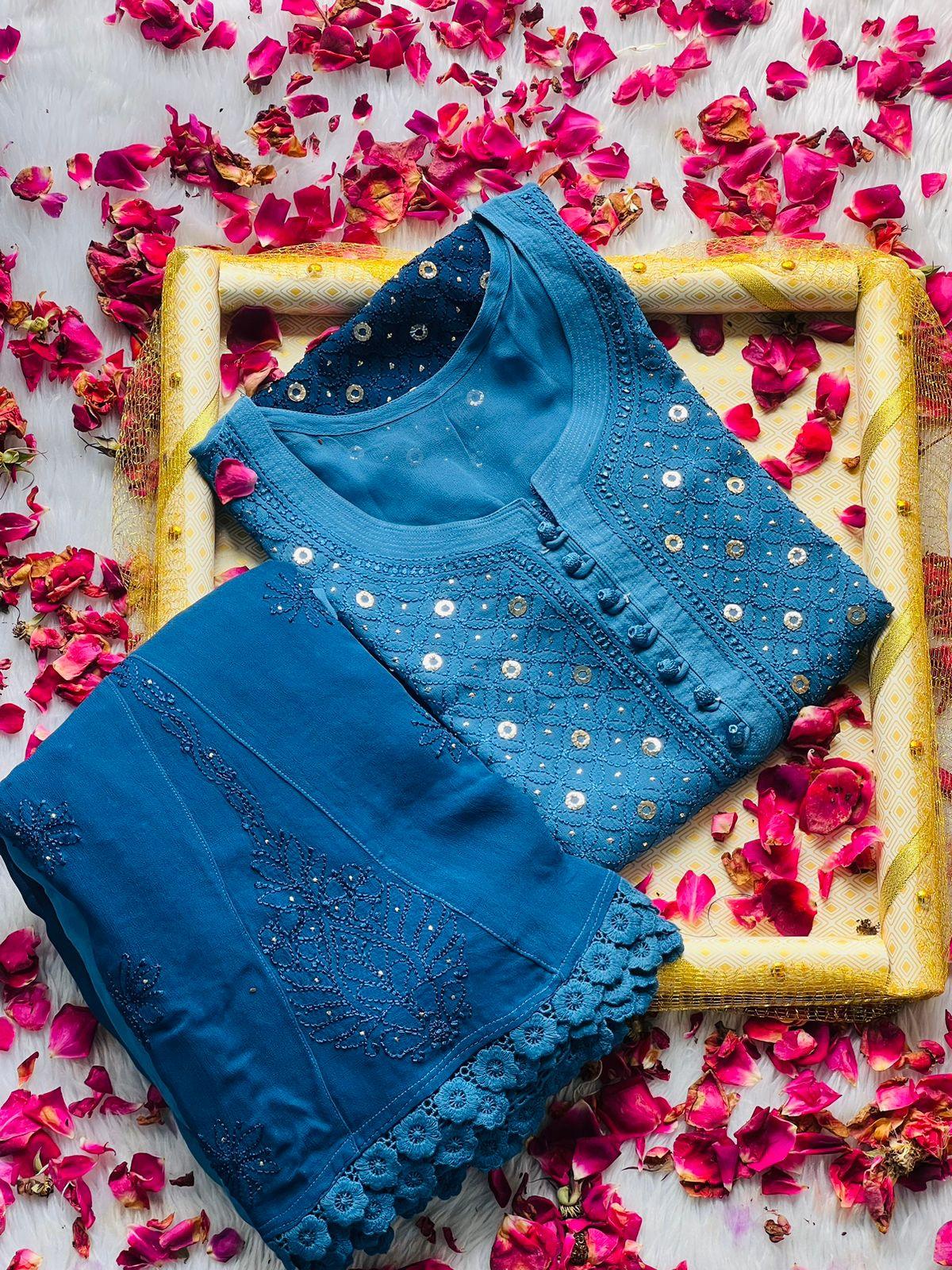 Blue Luxe Viscose Ring Jall Kurti and Sharara Set (Made on Order) - Inayakhan Shop 