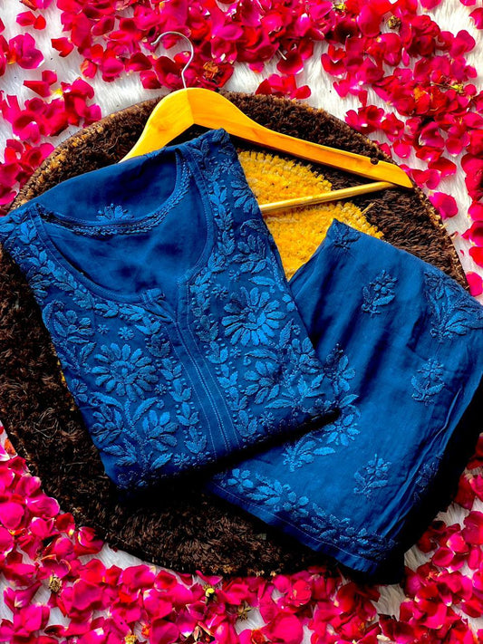 Blue Luxurious 3D Viscose Kurti and Plazo Set - Inayakhan Shop 