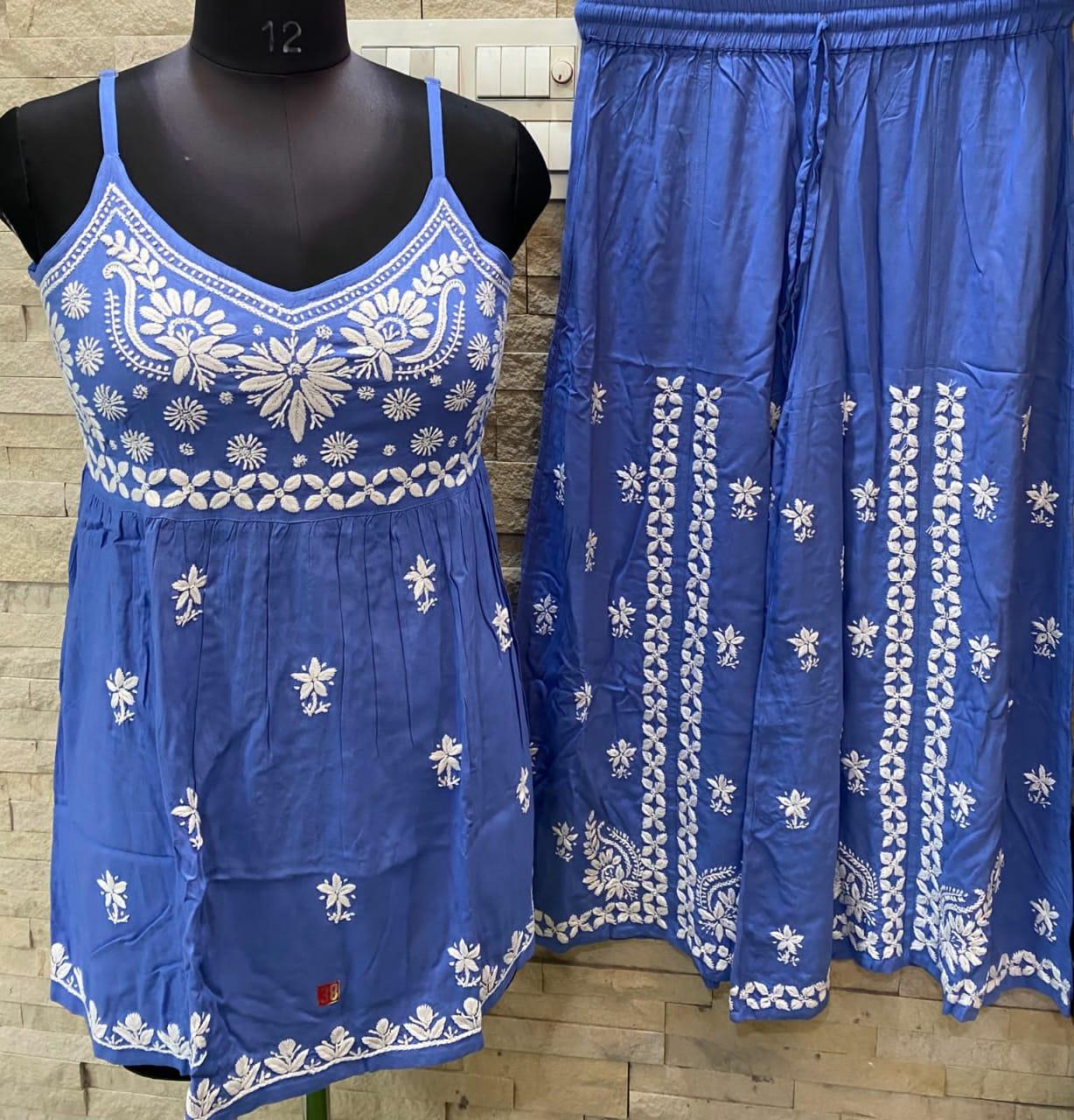 Blue Modal Cotton Lucknow Chikankari Strap Short Top with Heavy work Palazzo Set - Inayakhan Shop 