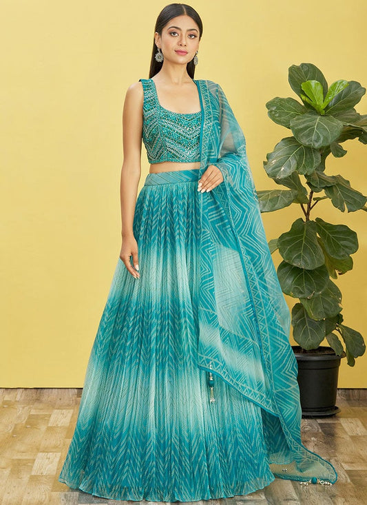 Blue Organza Wedding Guest Lehenga Choli Set