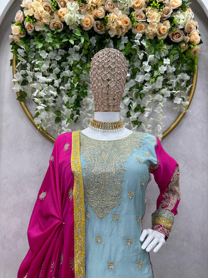 Blue Pakistani Designer Chinon Silk Suit with Sequins and Cording Work - Inayakhan Shop 