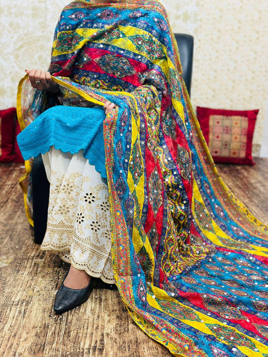 Blue Pakistani Fusion Chikankari Suit with Embroidered Dupatta - Inayakhan Shop 