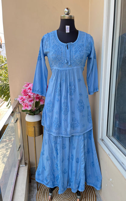 Blue Premium Modal Silk Chikankari Kurti and Gharara Set Limited Stock - Inayakhan Shop 